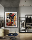 Black Cowboy Graffiti Pop Art Print featuring an African American cowboy in cartoon style, drinking whiskey and smoking a cigarette. Afrocentric urban Western wall art in bold graffiti-inspired colors and textures.