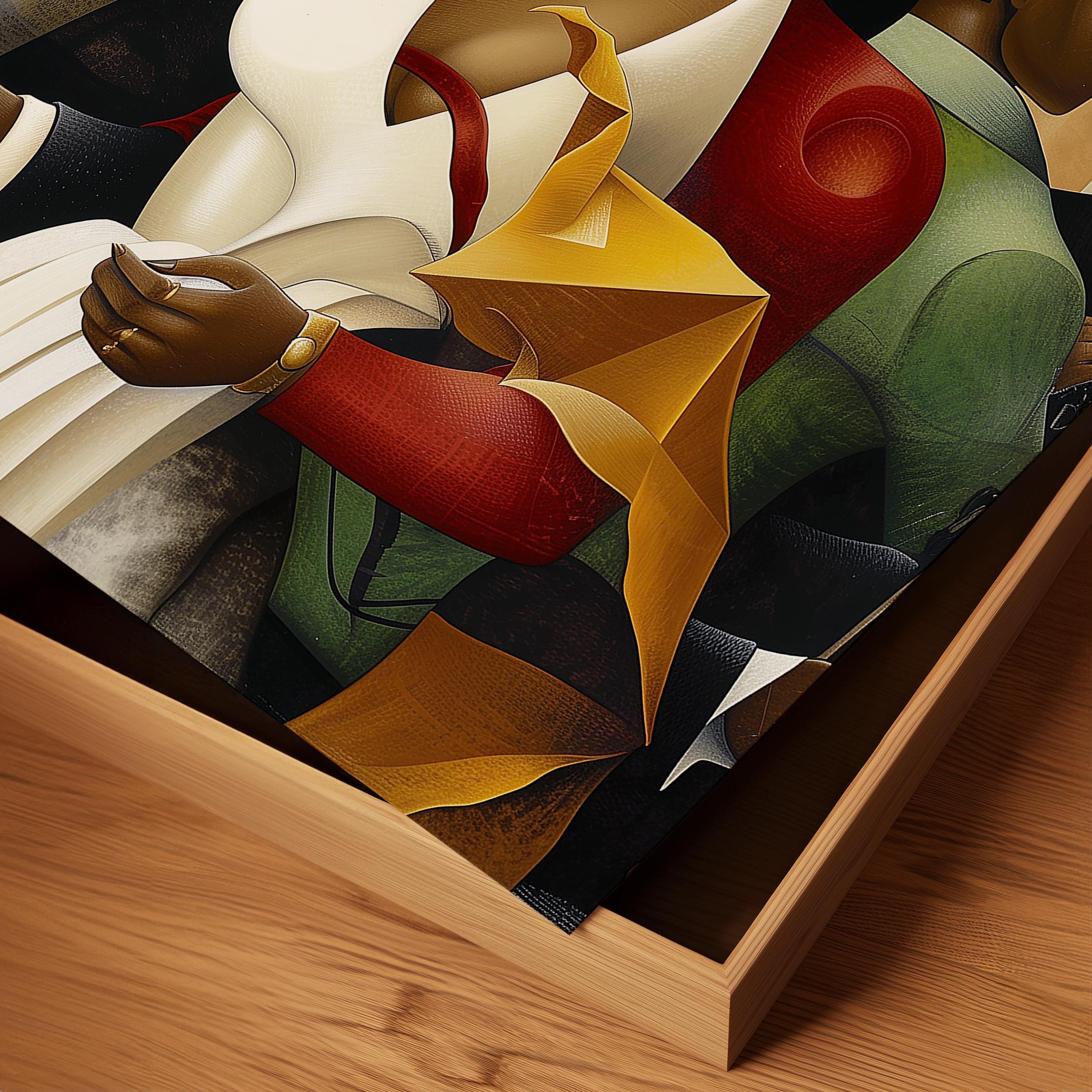 Jazz Musicians Art Print featuring African American performers in an abstract Bauhaus-inspired Afrocentric style. Vibrant Harlem Renaissance wall art celebrating music, culture, and artistic expression.