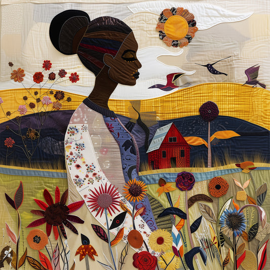 Art print featuring an African American woman in a vibrant garden surrounded by bold, colorful wildflowers. Inspired by quilt patterns and nature scenes, this piece celebrates Black femininity, gardening, and Afrocentric beauty.