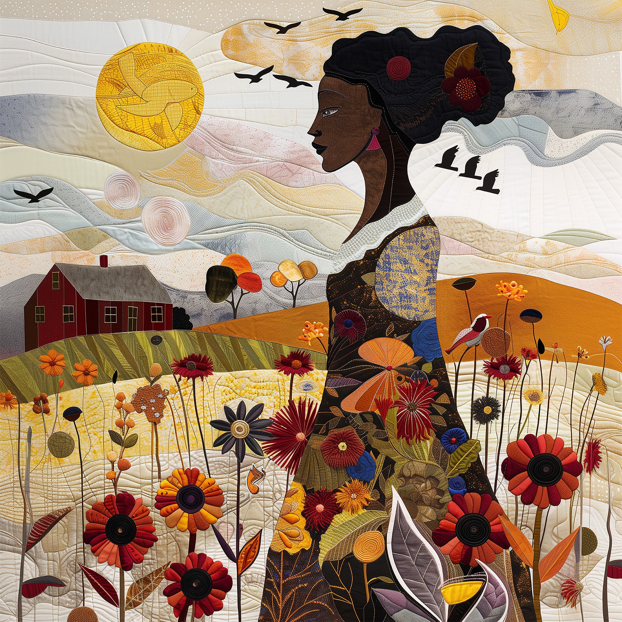 Black Woman Garden Art Print featuring an African American woman surrounded by colorful wildflowers in a quilt-inspired floral design. Afrocentric wall art celebrating nature, beauty, and Black femininity.