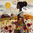 Black Woman Garden Art Print featuring an African American woman surrounded by colorful wildflowers in a quilt-inspired floral design. Afrocentric wall art celebrating nature, beauty, and Black femininity.