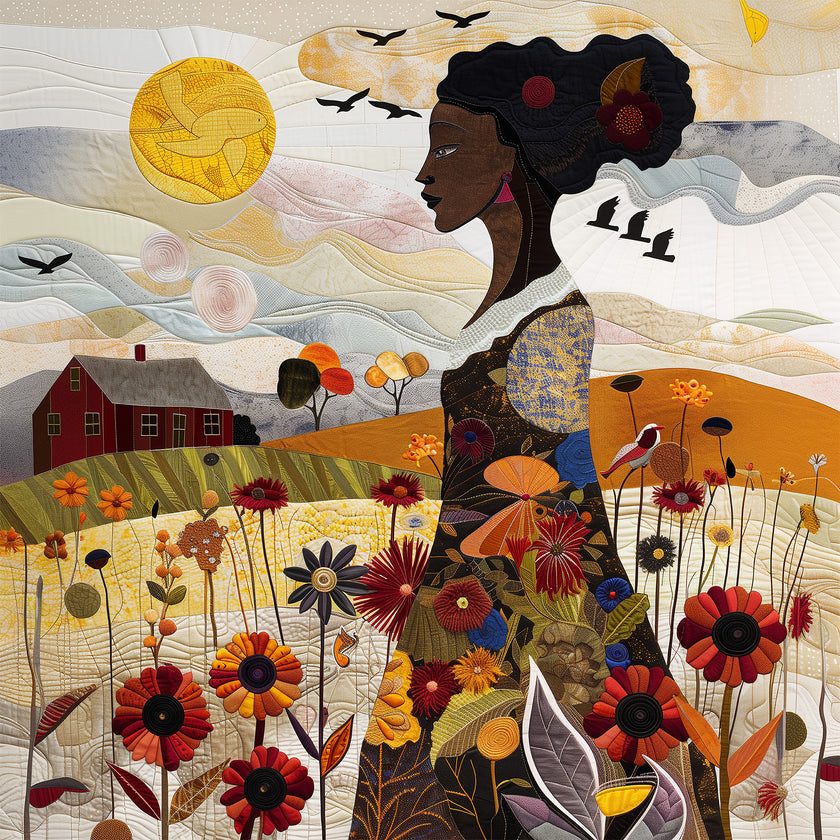 Black Woman Garden Art Print featuring an African American woman surrounded by colorful wildflowers in a quilt-inspired floral design. Afrocentric wall art celebrating nature, beauty, and Black femininity.
