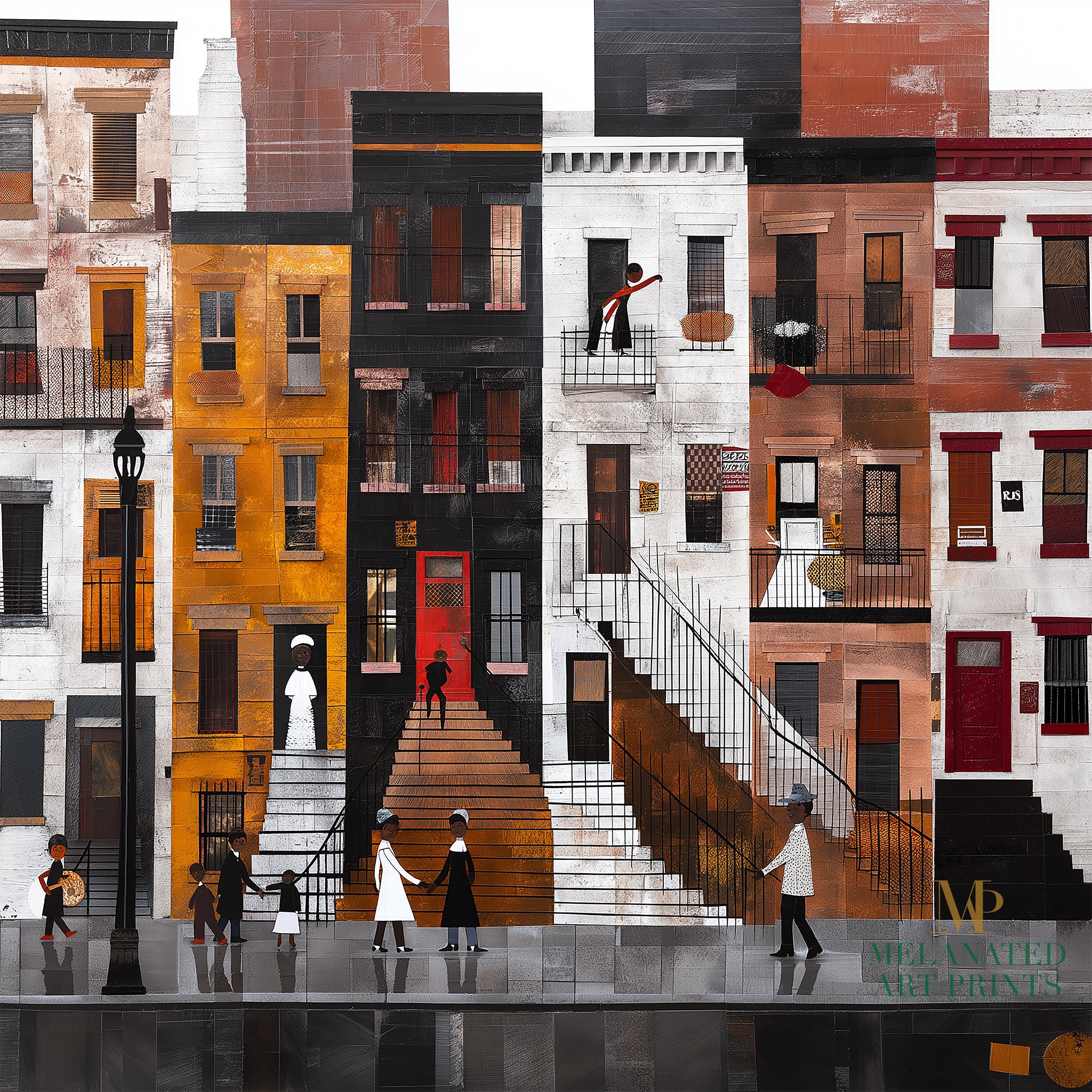Harlem Street Life Afrocentric Wall Art Print Harlem Neighborhood Brownstone Stoops Abstract People Lifestyle Wall Decor African American Abstract Digital Art
