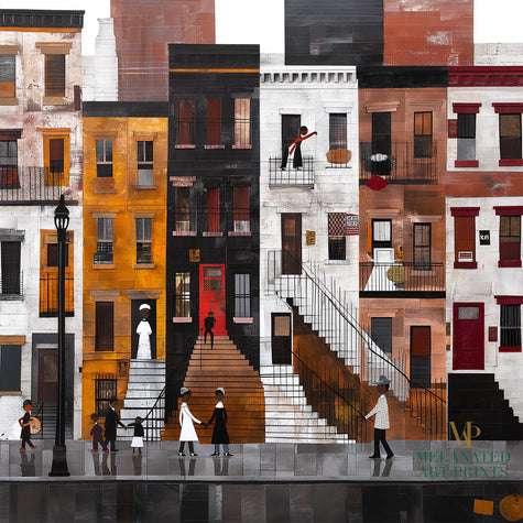 Harlem Street Life Afrocentric Wall Art Print Harlem Neighborhood Brownstone Stoops Abstract People Lifestyle Wall Decor African American Abstract Digital Art
