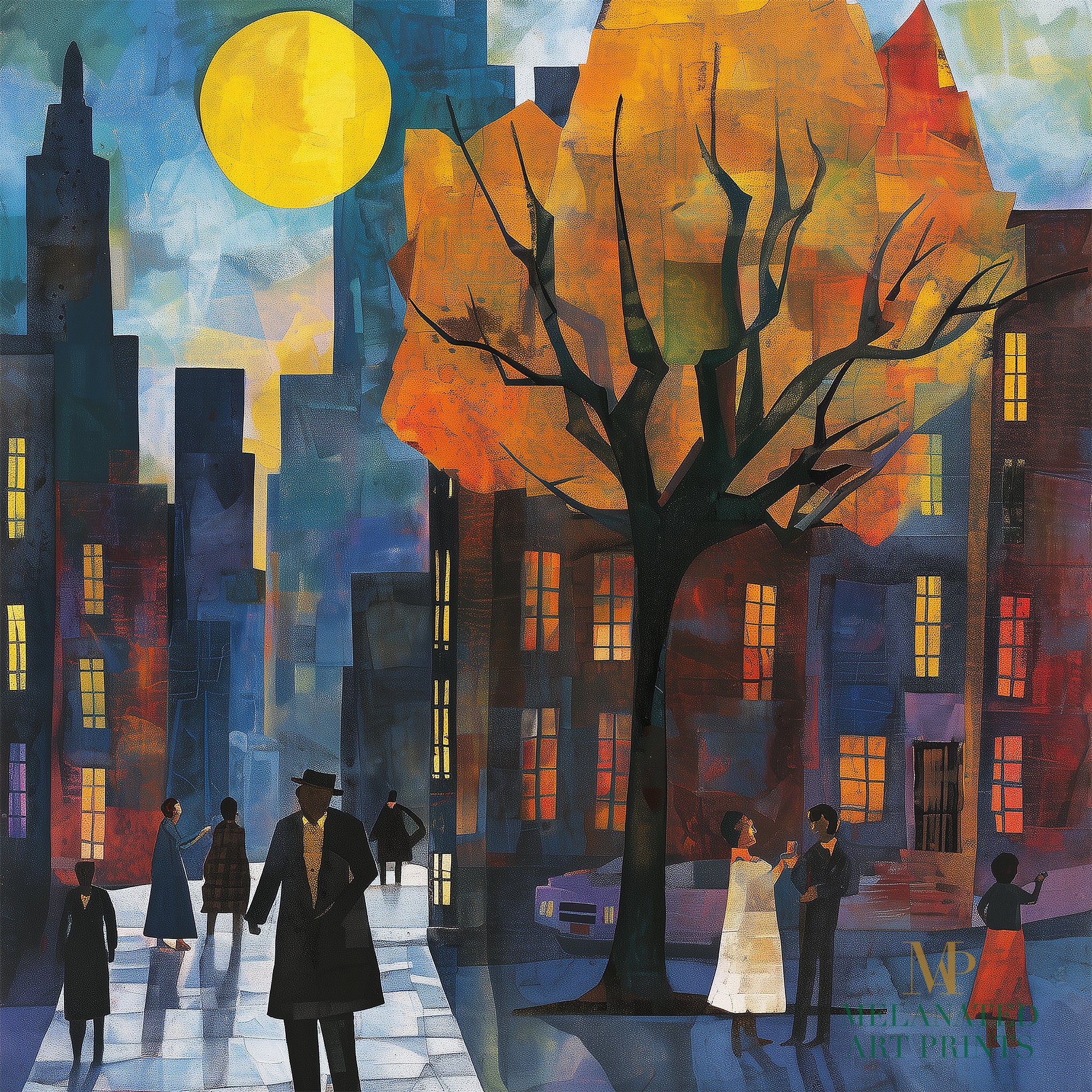 Afrocentric art print of Harlem street life at night, featuring abstract silhouettes of people mingling and socializing under a glowing full yellow moon. Vibrant digital artwork capturing the culture, energy, and lifestyle of the Harlem neighborhood.