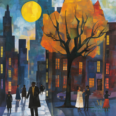 Afrocentric art print of Harlem street life at night, featuring abstract silhouettes of people mingling and socializing under a glowing full yellow moon. Vibrant digital artwork capturing the culture, energy, and lifestyle of the Harlem neighborhood.