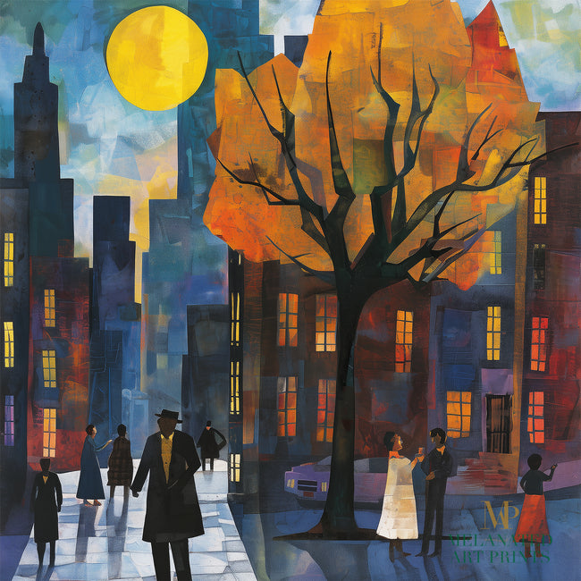 Afrocentric art print of Harlem street life at night, featuring abstract silhouettes of people mingling and socializing under a glowing full yellow moon. Vibrant digital artwork capturing the culture, energy, and lifestyle of the Harlem neighborhood.
