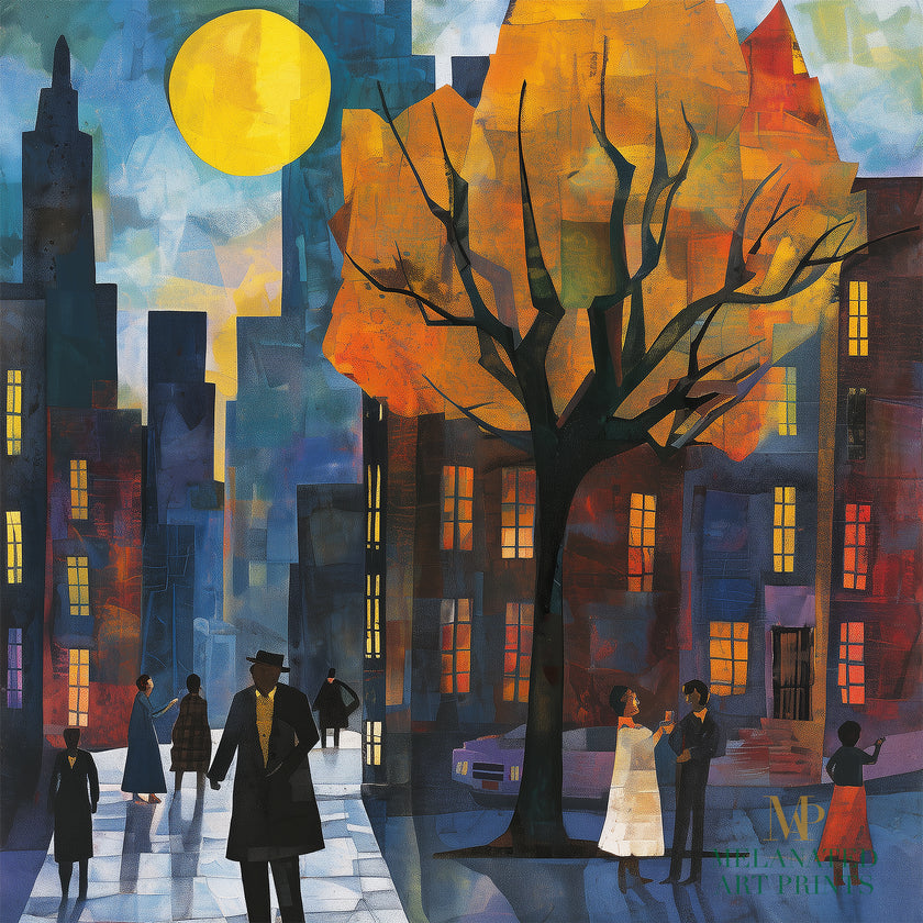 Afrocentric art print of Harlem street life at night, featuring abstract silhouettes of people mingling and socializing under a glowing full yellow moon. Vibrant digital artwork capturing the culture, energy, and lifestyle of the Harlem neighborhood.