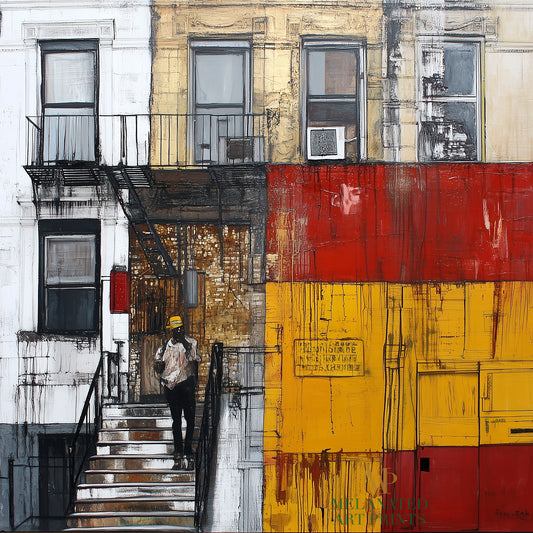 Afrocentric wall art print featuring a Black man standing on a Harlem brownstone stoop. Abstract digital artwork capturing the lifestyle, culture, and everyday street life of the Harlem neighborhood.
