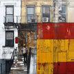 Afrocentric wall art print featuring a Black man standing on a Harlem brownstone stoop. Abstract digital artwork capturing the lifestyle, culture, and everyday street life of the Harlem neighborhood.