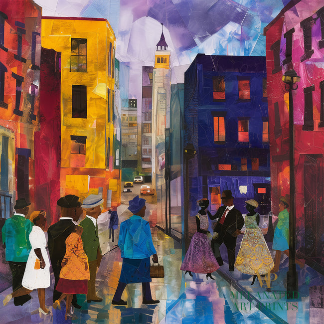 Afrocentric abstract art print depicting vibrant Harlem street life with Black community figures, iconic brownstones, and bustling sidewalks. A bold digital artwork celebrating African American culture and urban energy.