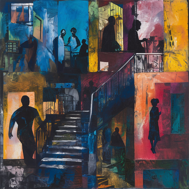 Abstract Afrocentric art print depicting Harlem street life at night with edgy textures and silhouettes. Features urban scenes from the Harlem neighborhood, highlighting the culture, energy, and lifestyle of African American community life after dark.