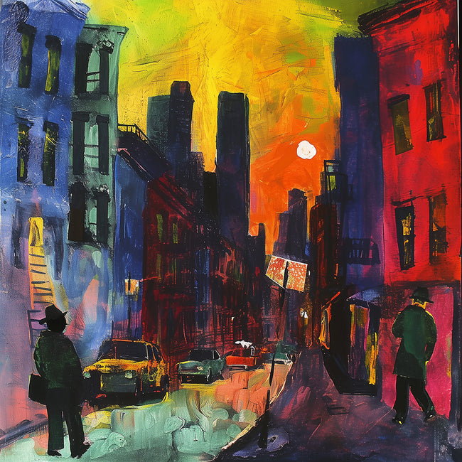 Harlem Neighborhood Night Scene Art Print featuring an Afrocentric abstract depiction of Harlem city life after dark with bold colors, glowing windows, and silhouettes that celebrate African American culture and urban nightlife.