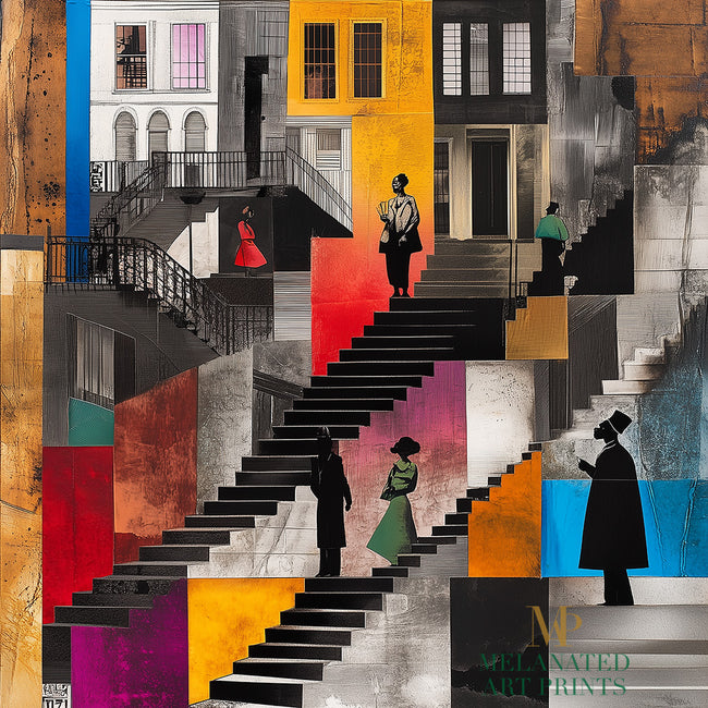 Harlem Neighborhood Art Print featuring Afrocentric abstract design of Black community life on the stoops. Vibrant colors, silhouette figures, and urban Harlem lifestyle imagery. African American wall decor.