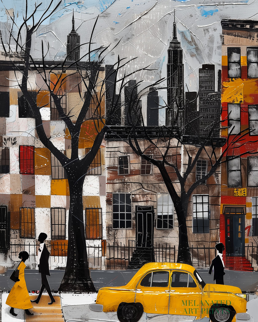 Harlem Yellow Cabs Art Print featuring an Afrocentric abstract collage of Harlem street life with yellow taxis, Black silhouette figures, and vibrant New York City scenery celebrating African American culture.