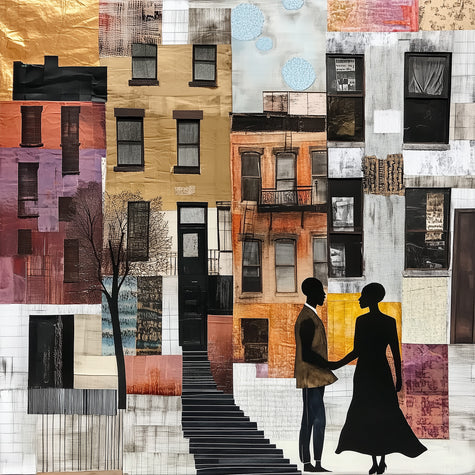 Illustration of a Black couple standing in front of historic Harlem brownstones. The focus is on the stoop stairs, symbolizing community life. The Black man gently takes his girlfriend’s hand, beginning a heartfelt marriage proposal. The scene reflects Black love, romance, and the cultural richness of Harlem.