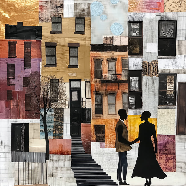 Illustration of a Black couple standing in front of historic Harlem brownstones. The focus is on the stoop stairs, symbolizing community life. The Black man gently takes his girlfriend’s hand, beginning a heartfelt marriage proposal. The scene reflects Black love, romance, and the cultural richness of Harlem.