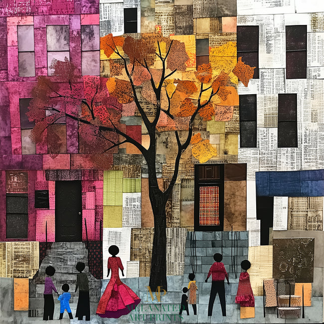 Afrocentric abstract art print capturing the vibrant energy of Harlem, featuring Black street life depicted through silhouette figures. Inspired by patchwork quilting, this piece blends geometric patterns, textured layers, and rich colors for a striking visual representation of everyday life in Harlem.