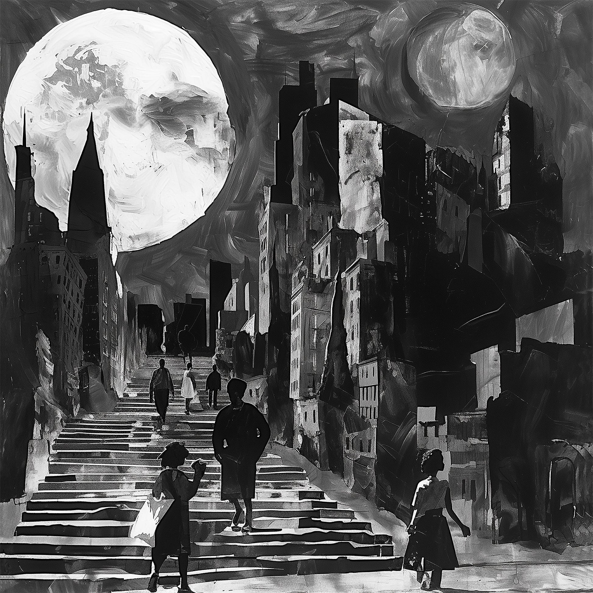 Afrocentric art print featuring silhouette figures in a Harlem neighborhood street scene, with the sun and moon overhead. Abstract digital artwork celebrating African American culture, community life, and the rhythm of day and night in Harlem.