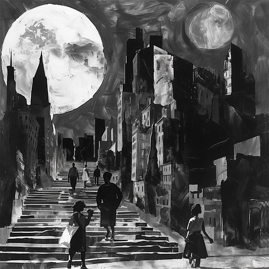 Afrocentric art print featuring silhouette figures in a Harlem neighborhood street scene, with the sun and moon overhead. Abstract digital artwork celebrating African American culture, community life, and the rhythm of day and night in Harlem.
