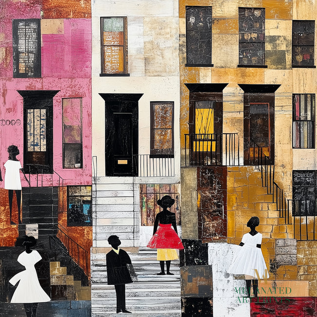Harlem Neighborhood Art Print featuring Black ladies in Sunday white dresses, capturing the vibrancy of street life in a patchwork-inspired abstract African American art style. A tribute to Harlem culture and Black artistry.