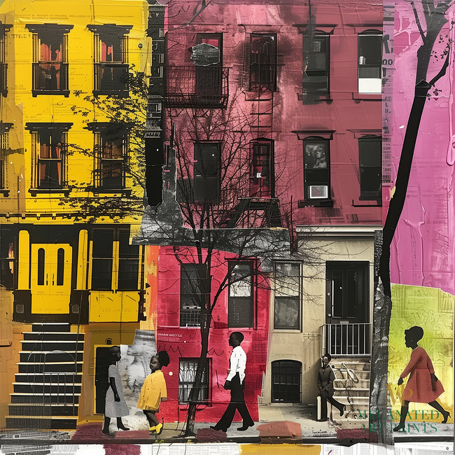 Abstract Afrocentric art of a Black man and woman taking a quiet stroll past historic Harlem brownstones. The scene highlights a sunny stoop and captures the peaceful rhythm of neighborhood life, evoking warmth, heritage, and cultural pride.