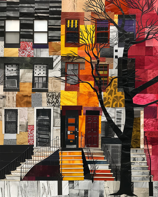 Harlem Neighborhood Brownstones Art Print featuring Afrocentric abstract art depicting Harlem lifestyle and African American culture.