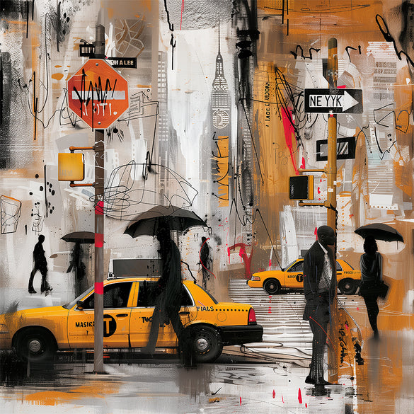 Walking in the Rain in Harlem Art Print featuring African American figures walking under umbrellas on Harlem streets with glowing yellow cabs and moonlight. Afrocentric abstract cityscape wall art celebrating Harlem life and culture.