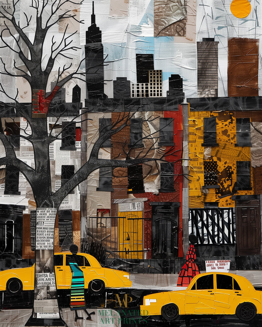 Harlem Yellow Cabs Art Print featuring an Afrocentric abstract collage of Harlem street life with yellow taxis, Black silhouette figures, and vibrant New York City scenery celebrating African American culture.