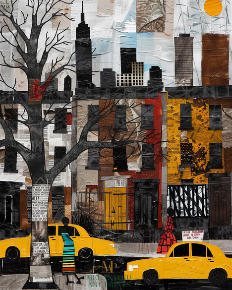 Harlem Yellow Cabs Art Print featuring an Afrocentric abstract collage of Harlem street life with yellow taxis, Black silhouette figures, and vibrant New York City scenery celebrating African American culture.