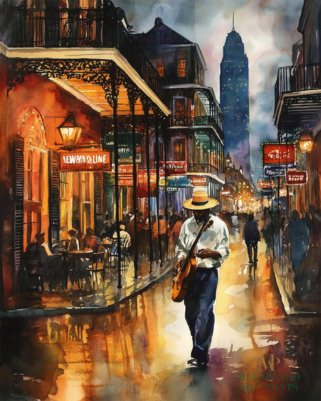Watercolor digital art of a Black man playing guitar on New Orleans' Bourbon Street at night. The vibrant scene captures the soulful nightlife of The Big Easy, with colorful lights and musical energy filling the street.