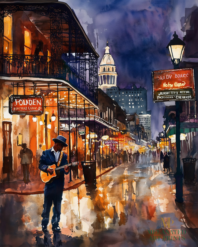 Watercolor digital art of a Black man playing guitar on New Orleans' Bourbon Street at night. The vibrant scene captures the soulful nightlife of The Big Easy, with colorful lights and musical energy filling the street.