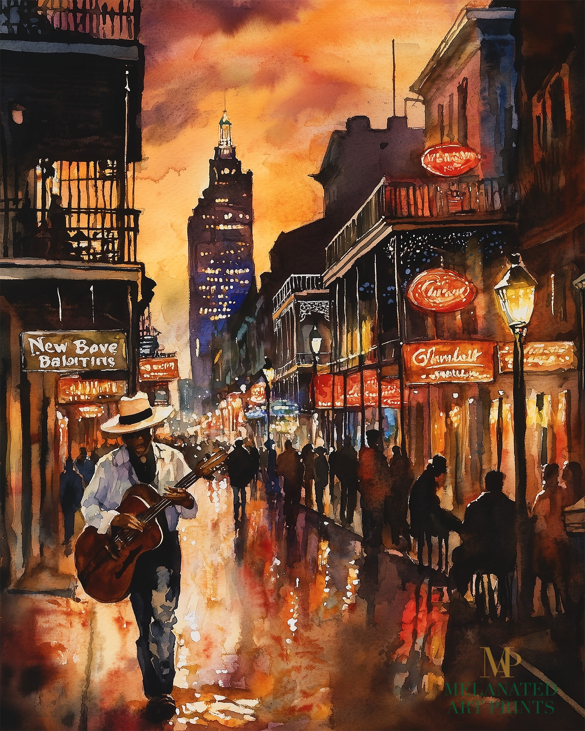 Watercolor digital art of a Black man playing guitar on New Orleans' Bourbon Street at night. The vibrant scene captures the soulful nightlife of The Big Easy, with colorful lights and musical energy filling the street.