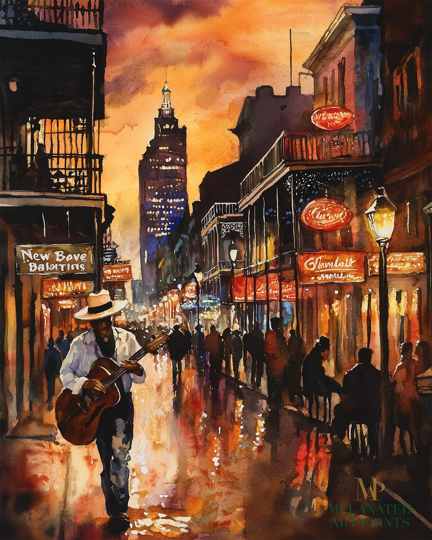 Watercolor digital art of a Black man playing guitar on New Orleans' Bourbon Street at night. The vibrant scene captures the soulful nightlife of The Big Easy, with colorful lights and musical energy filling the street.