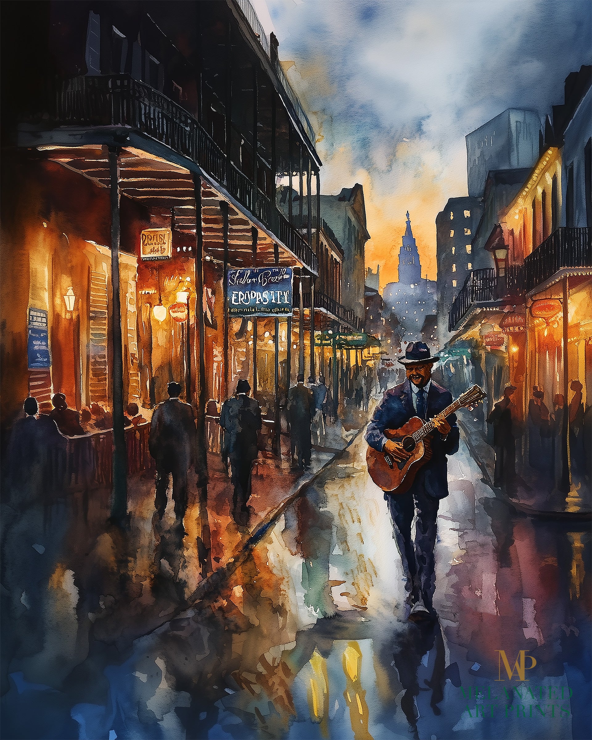 Watercolor digital art of a Black man playing guitar on New Orleans' Bourbon Street at night. The vibrant scene captures the soulful nightlife of The Big Easy, with colorful lights and musical energy filling the street.