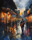 Watercolor digital art of a Black man playing guitar on New Orleans' Bourbon Street at night. The vibrant scene captures the soulful nightlife of The Big Easy, with colorful lights and musical energy filling the street.