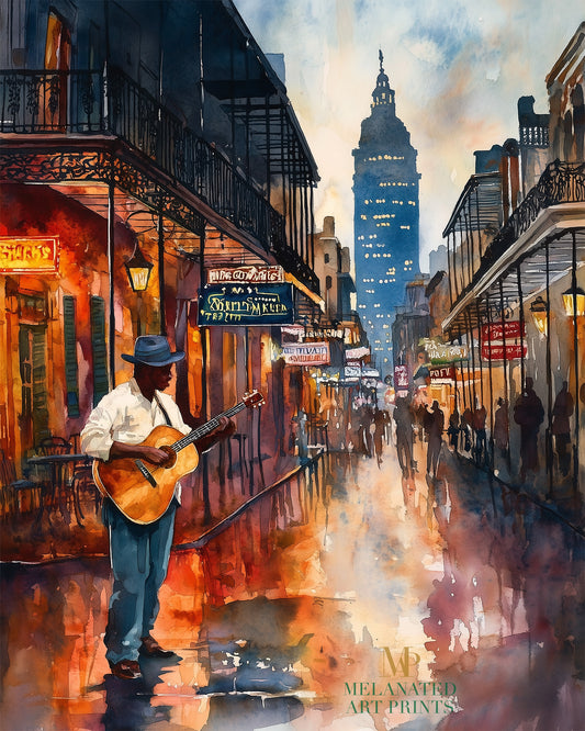 Watercolor digital art of a Black man playing guitar on New Orleans' Bourbon Street at night. The vibrant scene captures the soulful nightlife of The Big Easy, with colorful lights and musical energy filling the street.