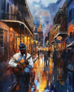 Watercolor digital art of a Black man playing guitar on New Orleans' Bourbon Street at night. The vibrant scene captures the soulful nightlife of The Big Easy, with colorful lights and musical energy filling the street.