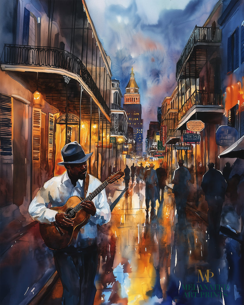 Watercolor digital art of a Black man playing guitar on New Orleans' Bourbon Street at night. The vibrant scene captures the soulful nightlife of The Big Easy, with colorful lights and musical energy filling the street.