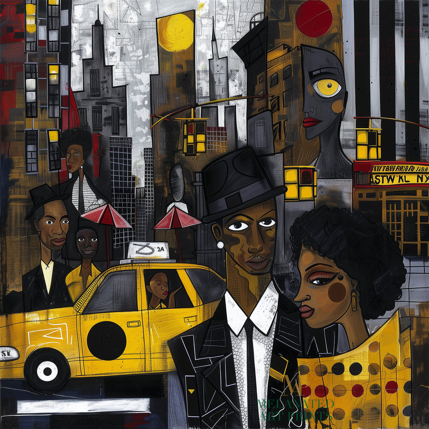 Graffiti-style abstract art print featuring iconic yellow cabs driving through the streets of Harlem, New York City. The gritty urban landscape includes textured buildings and dynamic street elements, capturing the bold energy of NYC in a modern cityscape wall art design.