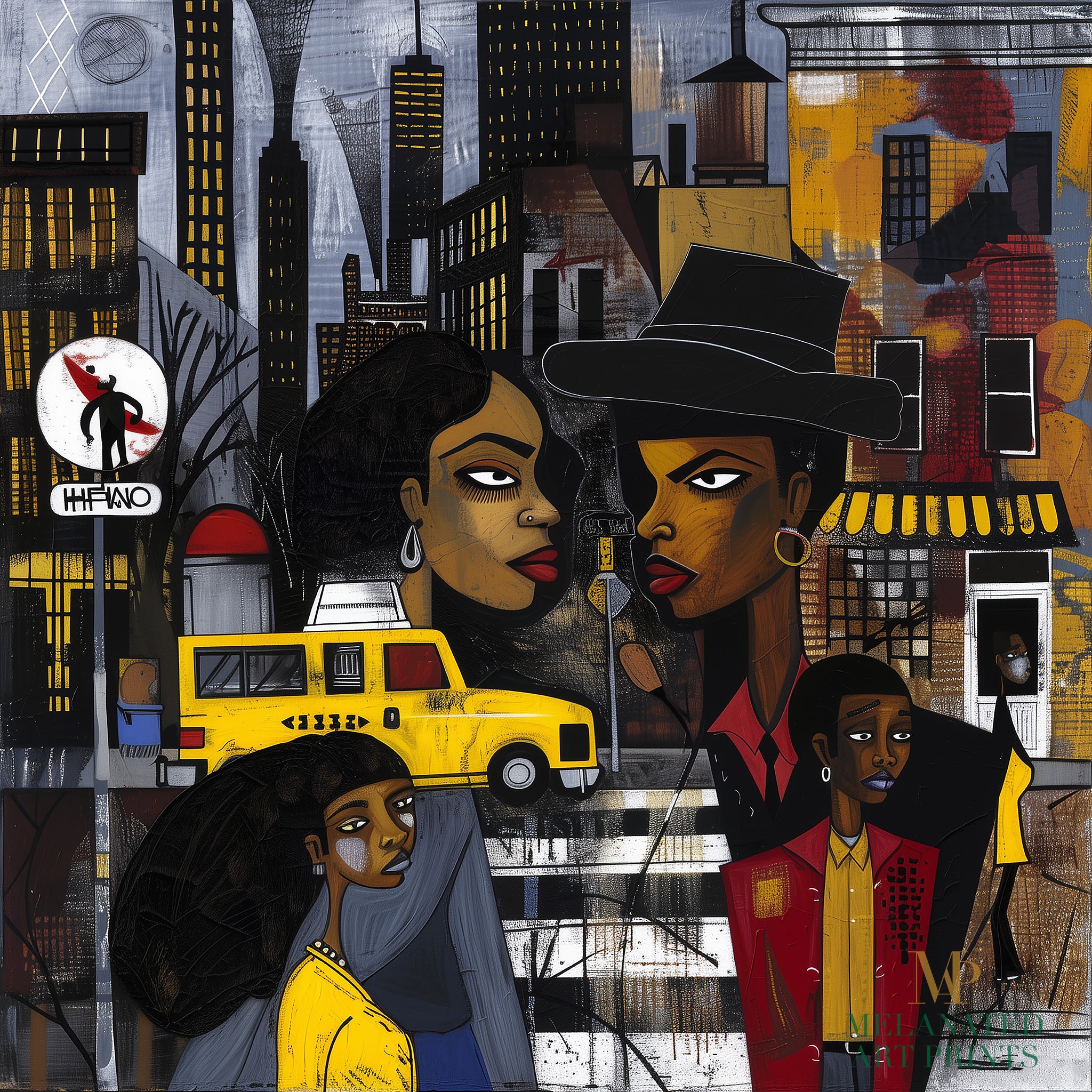 Graffiti-style abstract art print featuring iconic yellow cabs driving through the streets of Harlem, New York City. The gritty urban landscape includes textured buildings and dynamic street elements, capturing the bold energy of NYC in a modern cityscape wall art design.