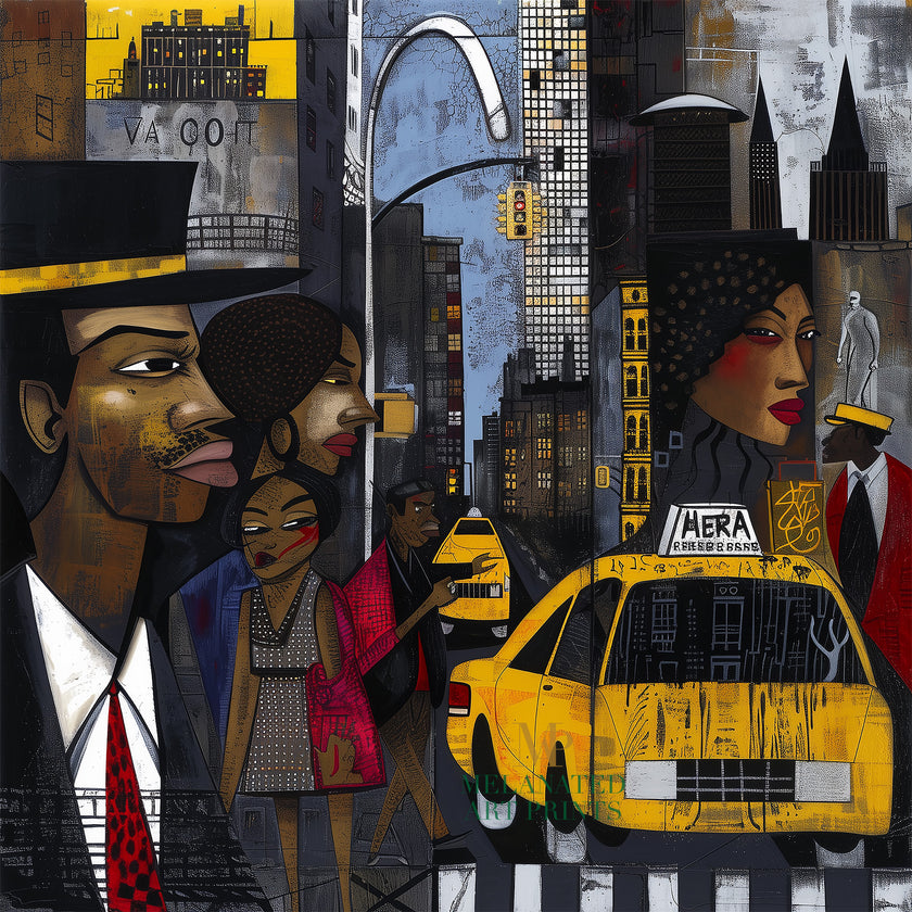 Graffiti-style abstract art print featuring iconic yellow cabs driving through the streets of Harlem, New York City. The gritty urban landscape includes textured buildings and dynamic street elements, capturing the bold energy of NYC in a modern cityscape wall art design.