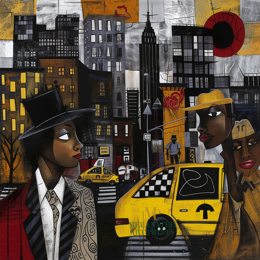Graffiti-style abstract art print featuring iconic yellow cabs driving through the streets of Harlem, New York City. The gritty urban landscape includes textured buildings and dynamic street elements, capturing the bold energy of NYC in a modern cityscape wall art design.