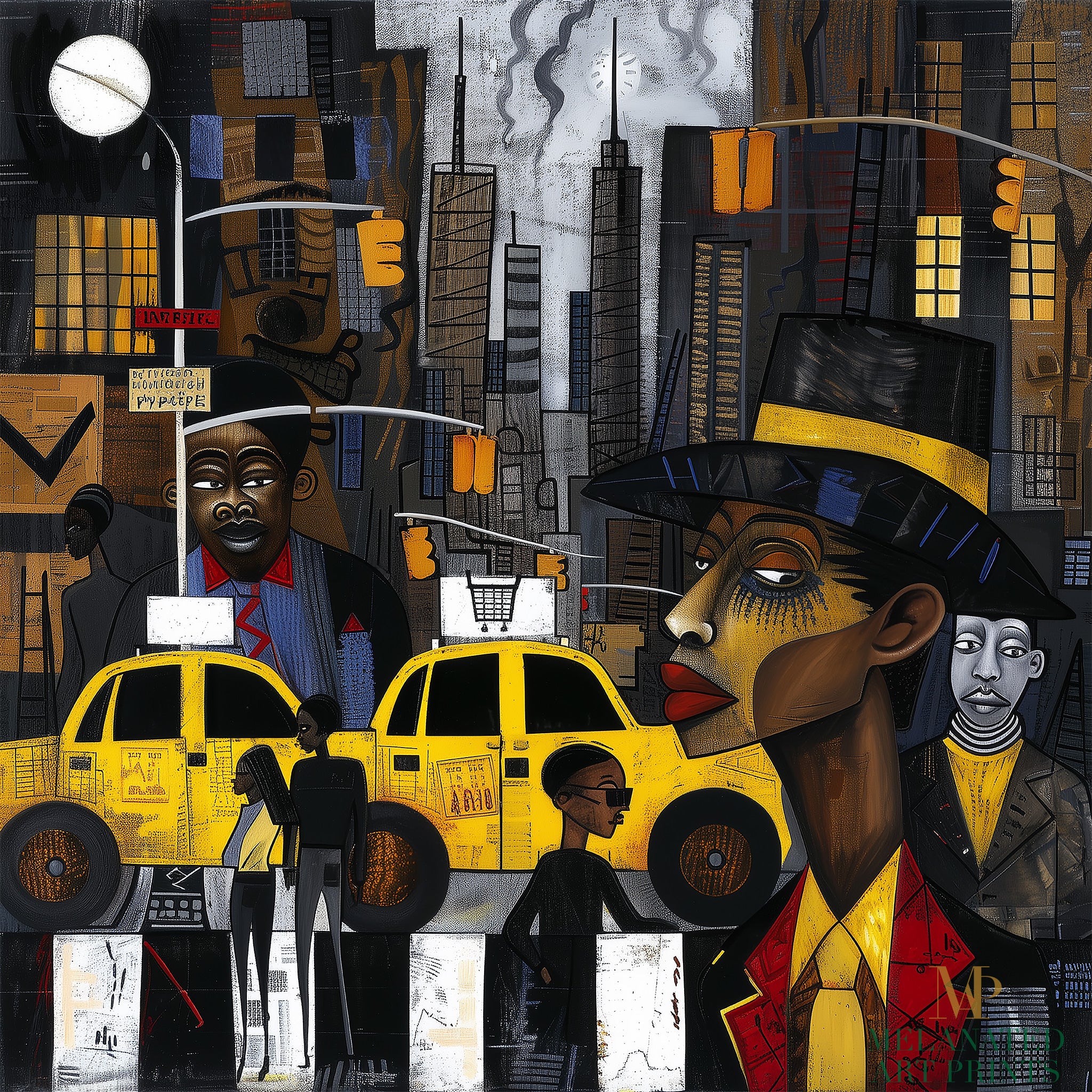 Graffiti-style abstract art print featuring iconic yellow cabs driving through the streets of Harlem, New York City. The gritty urban landscape includes textured buildings and dynamic street elements, capturing the bold energy of NYC in a modern cityscape wall art design.