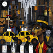 Graffiti-style abstract art print featuring iconic yellow cabs driving through the streets of Harlem, New York City. The gritty urban landscape includes textured buildings and dynamic street elements, capturing the bold energy of NYC in a modern cityscape wall art design.
