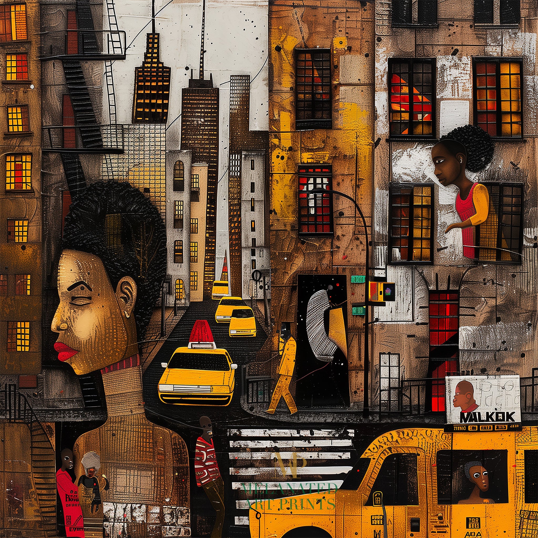 Graffiti-style abstract art print featuring iconic yellow cabs driving through the streets of Harlem, New York City. The gritty urban landscape includes textured buildings and dynamic street elements, capturing the bold energy of NYC in a modern cityscape wall art design.