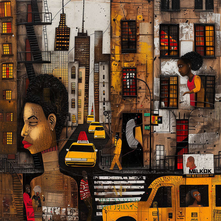 Graffiti-style abstract art print featuring iconic yellow cabs driving through the streets of Harlem, New York City. The gritty urban landscape includes textured buildings and dynamic street elements, capturing the bold energy of NYC in a modern cityscape wall art design.