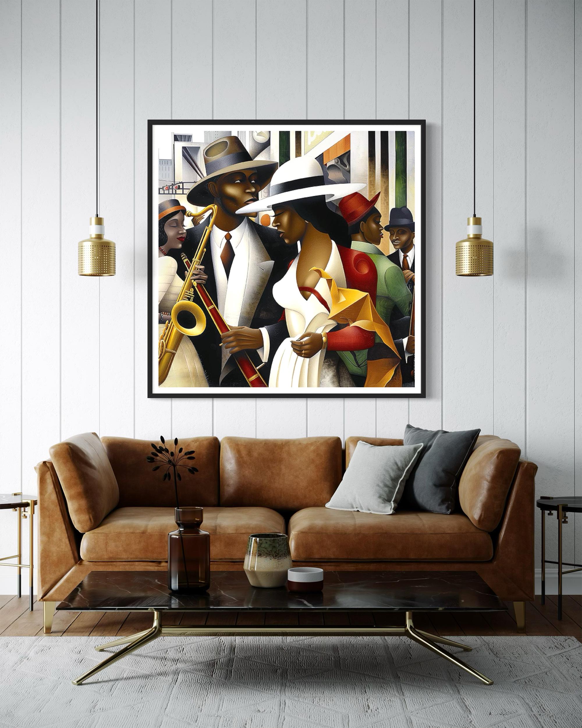 Jazz Musicians Art Print featuring African American performers in an abstract Bauhaus-inspired Afrocentric style. Vibrant Harlem Renaissance wall art celebrating music, culture, and artistic expression.