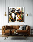 Jazz Musicians Art Print featuring African American performers in an abstract Bauhaus-inspired Afrocentric style. Vibrant Harlem Renaissance wall art celebrating music, culture, and artistic expression.
