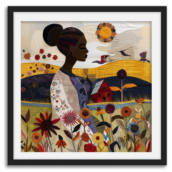 Art print featuring an African American woman in a vibrant garden surrounded by bold, colorful wildflowers. Inspired by quilt patterns and nature scenes, this piece celebrates Black femininity, gardening, and Afrocentric beauty.